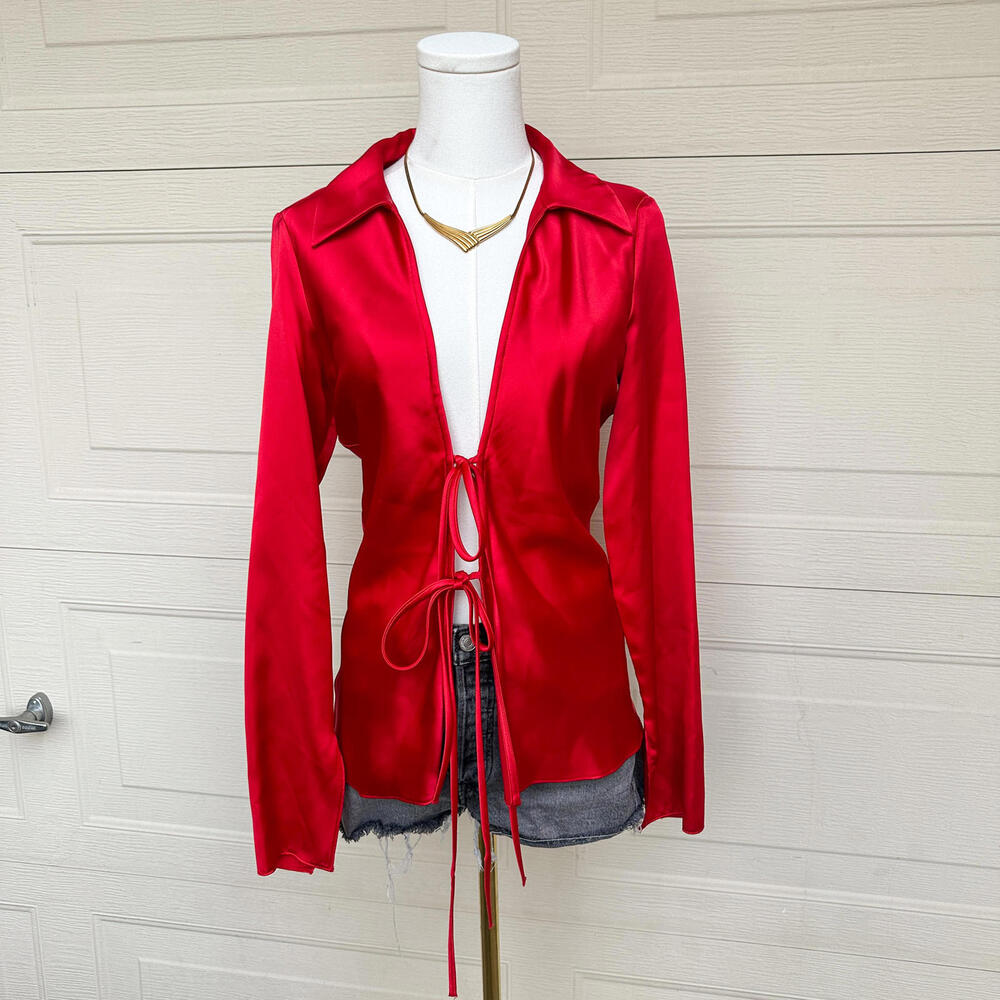 ZARA Sexy Satin Tie Front Blouse Women’s (M) Red Long Sleeve Party Top